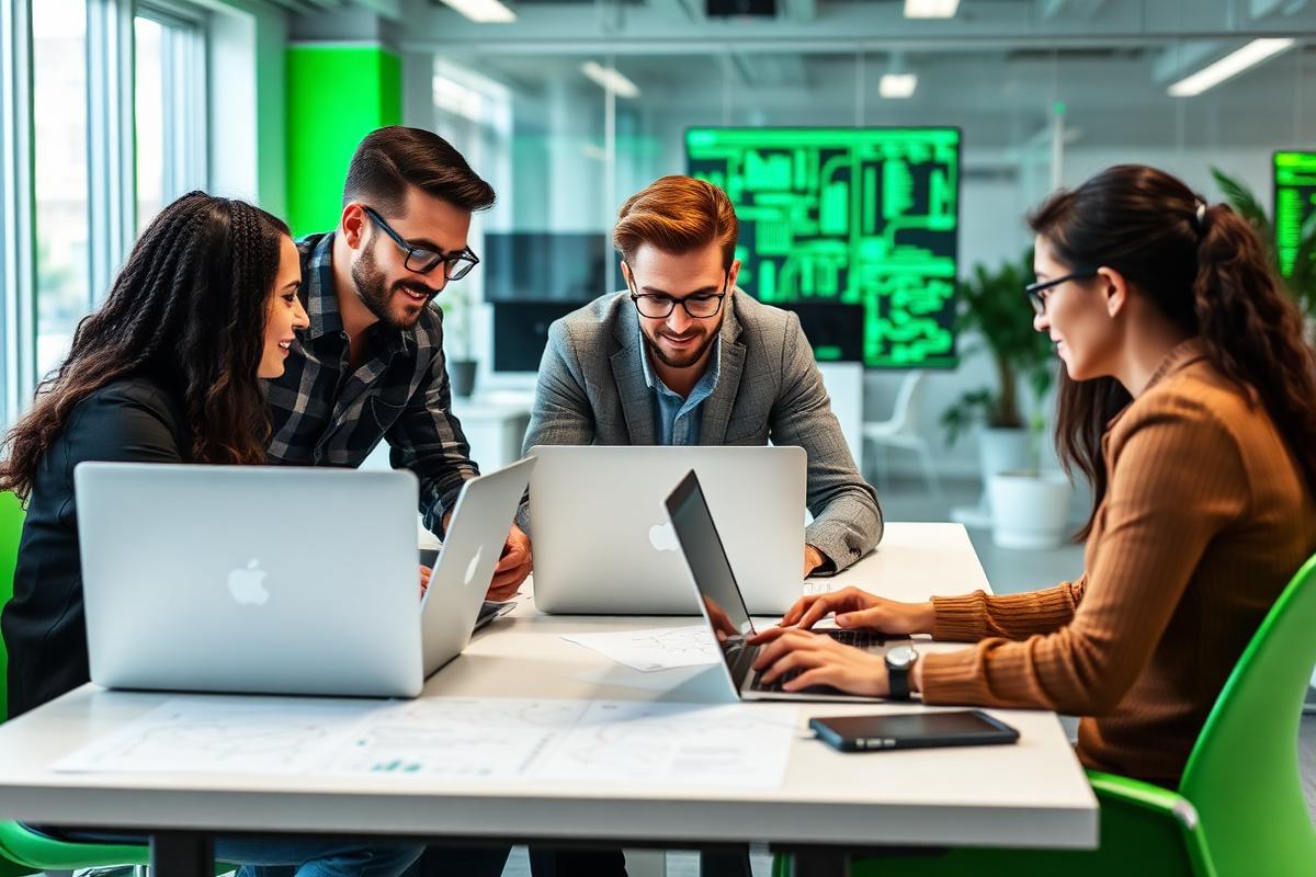 IT specialists reviewing network diagrams together in an office