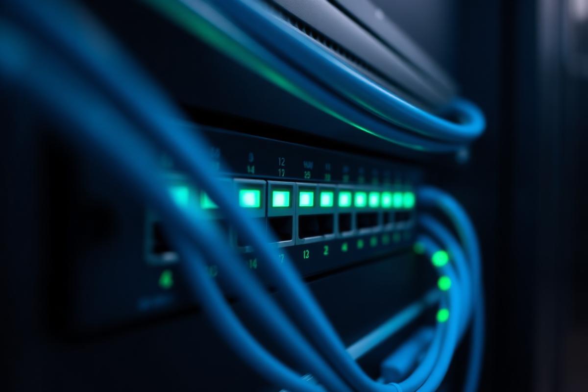 Network switch with green status lights and structured cabling